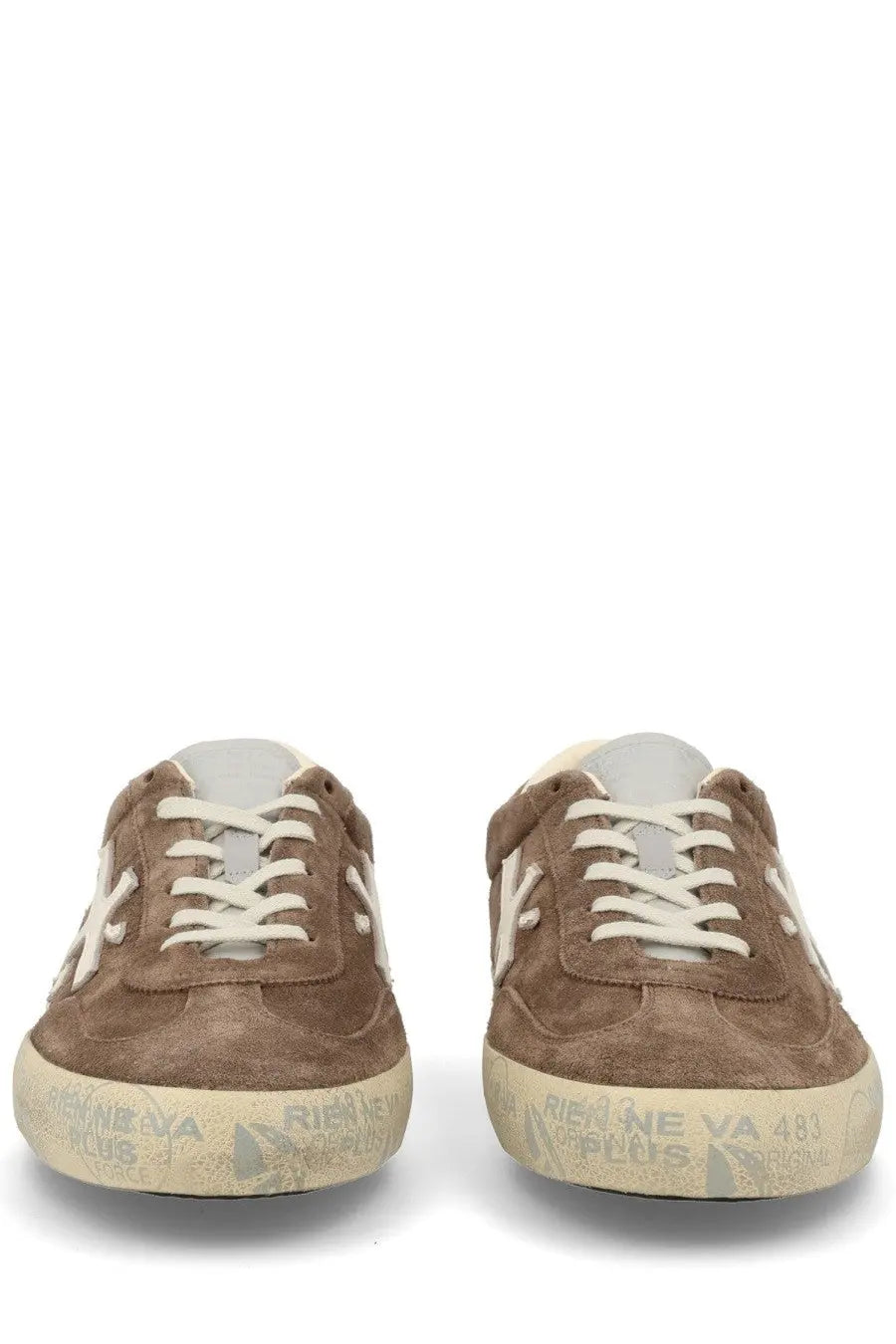 Premiata men’s sneaker david brown featuring brown suede upper white laces and distressed off-white rubber sole with faded branding