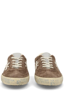 Premiata men’s sneaker david brown featuring brown suede upper white laces and distressed off-white rubber sole with faded branding