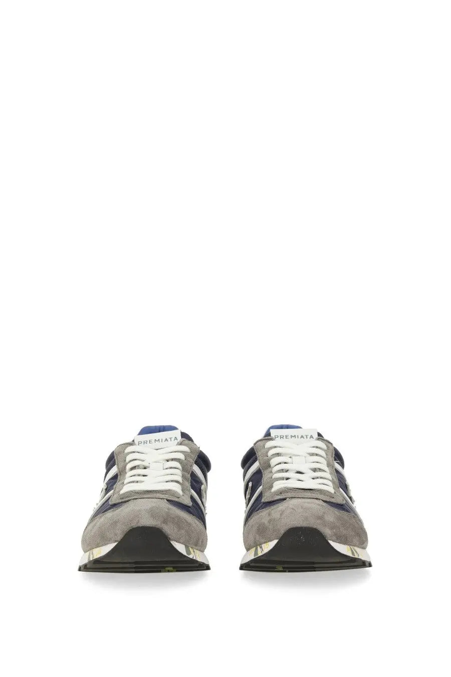 Premiata men’s sneaker Lucy Blue in gray suede and navy blue with white laces and a metallic silver sole