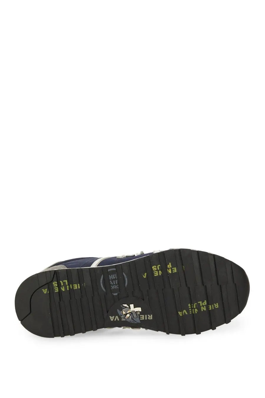 Premiata men’s sneaker lucy blue navy blue new balance 574 with black rubber sole and yellow branding details