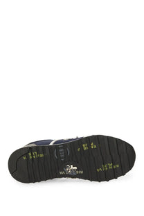 Premiata men’s sneaker lucy blue navy blue new balance 574 with black rubber sole and yellow branding details