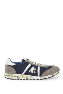 Premiata men’s sneaker Lucy blue with navy blue and gray suede, white laces, bold stripe, and gum rubber sole 483 original