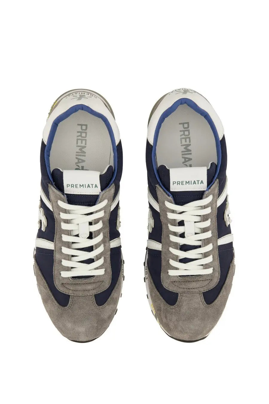 Premiata men’s sneaker lucy blue navy and gray suede with white laces and subtle blue trim featuring premiala brand name