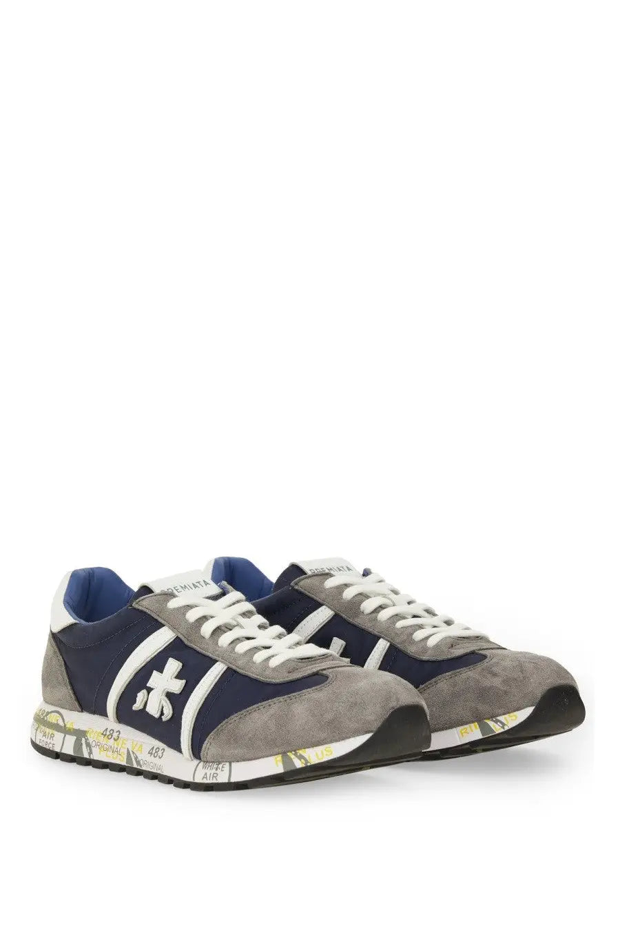 Premiata men’s sneaker lucy blue navy and gray suede sneakers with white laces and graffiti-style sole design