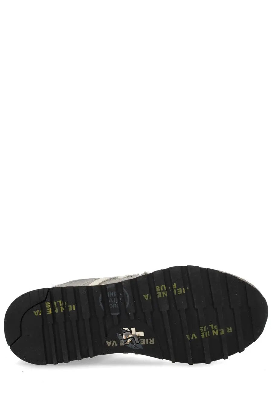 Back of premiata men’s sneaker lucy grey with black rubber sole yellow text and silver logo on the heel