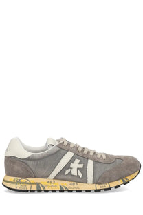Premiata men’s sneaker lucy grey gray suede and canvas sneaker with white stripes and yellow sole detailing