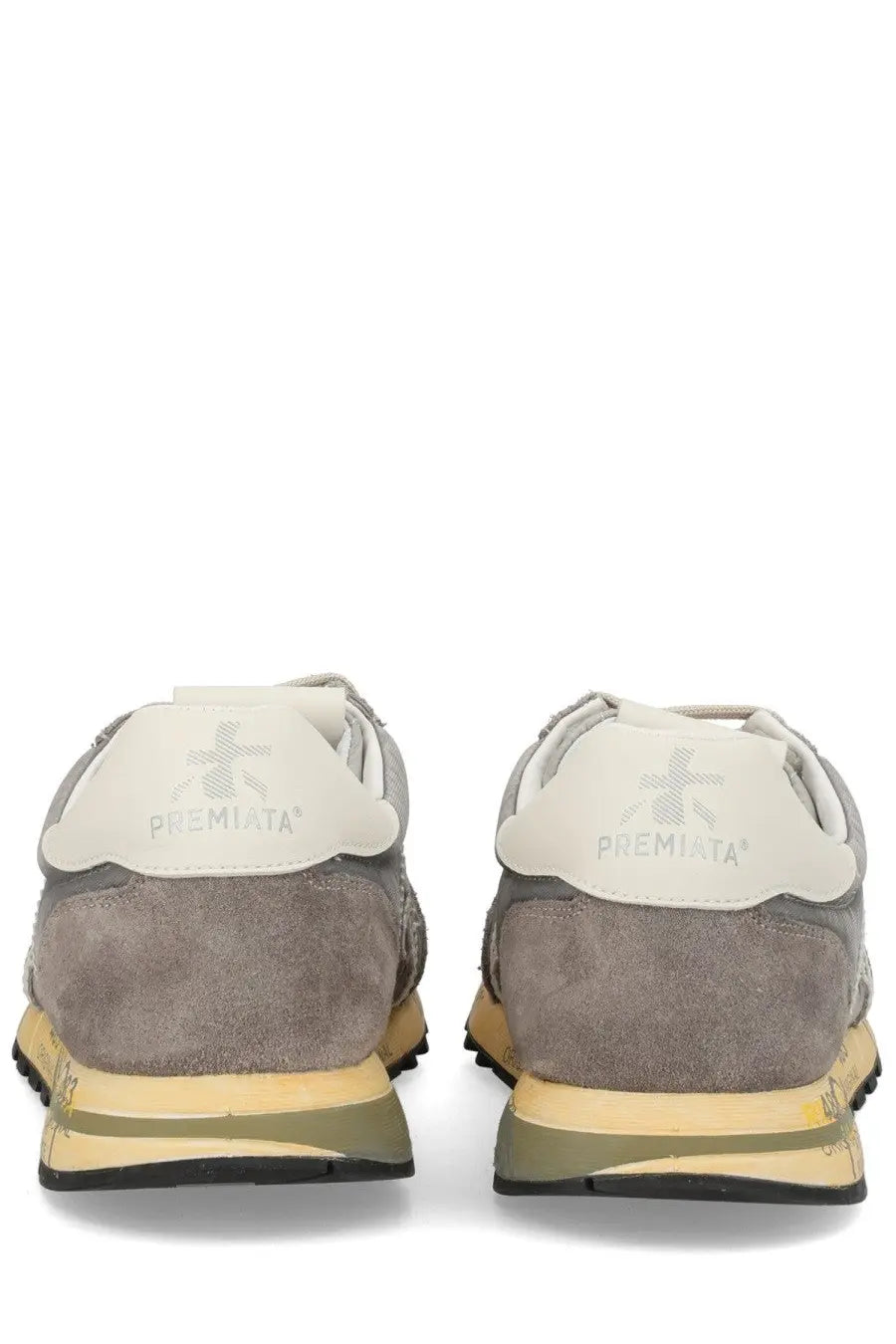 Premiata men’s sneaker lucy grey in gray suede with beige rubber sole and olive green accents for casual wear