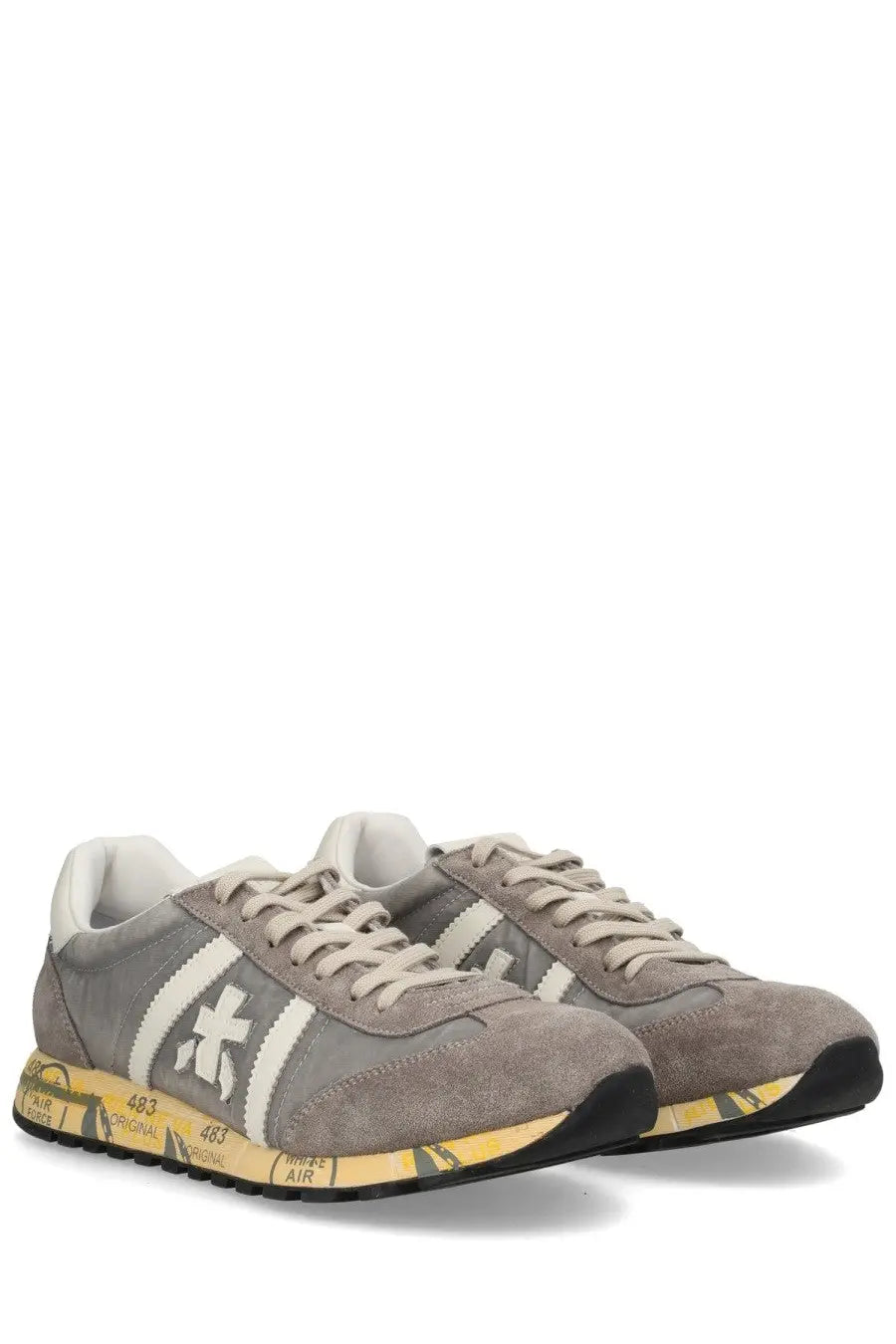 Premiata men’s sneaker lucy grey in gray suede with white stripes and yellow graphic design on the sole