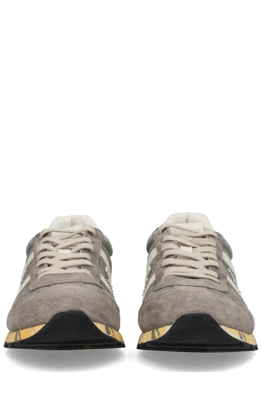 Premiata men’s sneaker lucy grey gray suede with white stripes and yellow accented sole