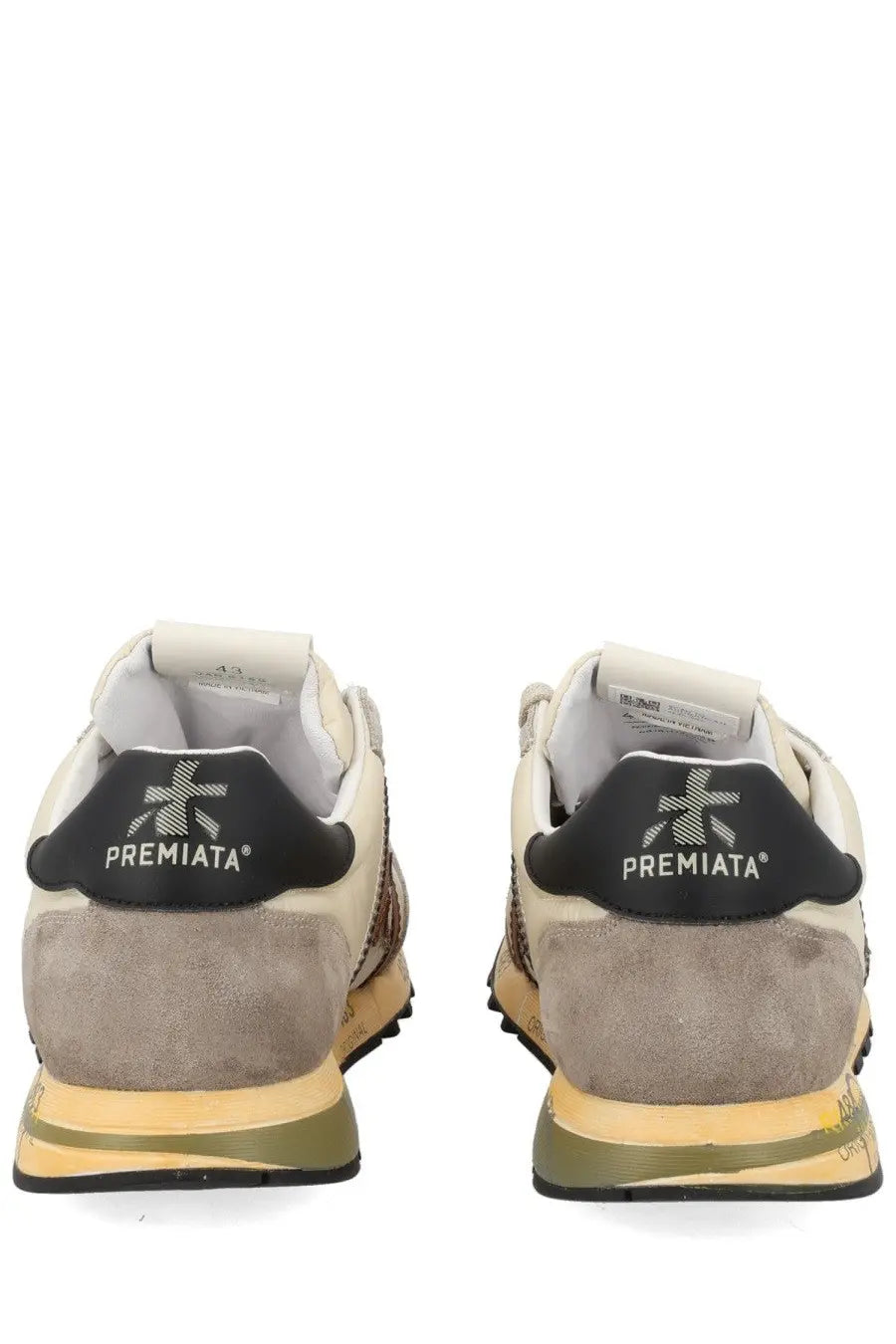 Premiata men’s sneaker Lucy white featuring beige and olive suede with black heel tabs and brand logo visible from back
