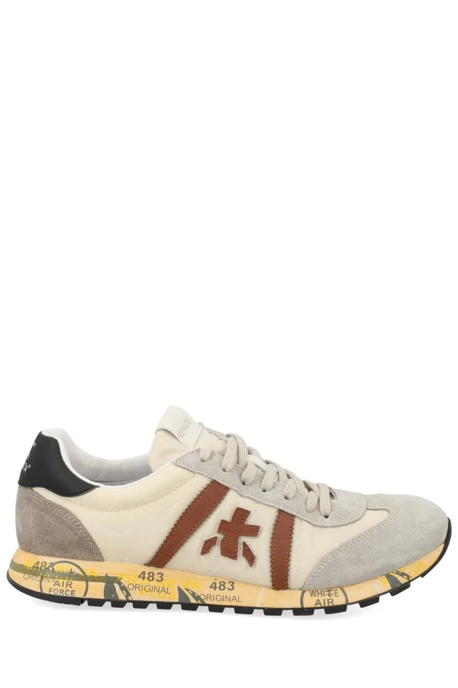 Premiata men’s sneaker Lucy white cream suede and canvas with brown stripe black heel tab and yellow sole 483 original text