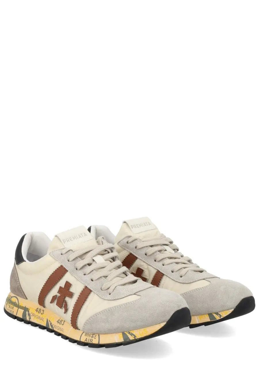 Premiata men’s sneaker Lucy white cream suede with brown leather stripes and yellow graphic sole with premia branding