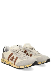 Premiata men’s sneaker Lucy white cream suede with brown leather stripes and yellow graphic sole with premia branding