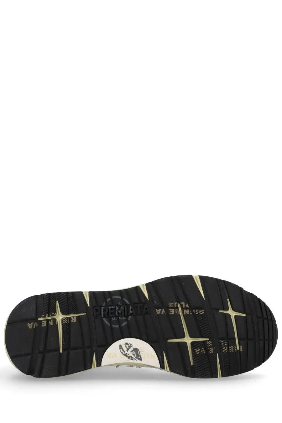 Black rubber sole with gold star-shaped tread and premiala logo patch on premiala men’s sneaker mase white