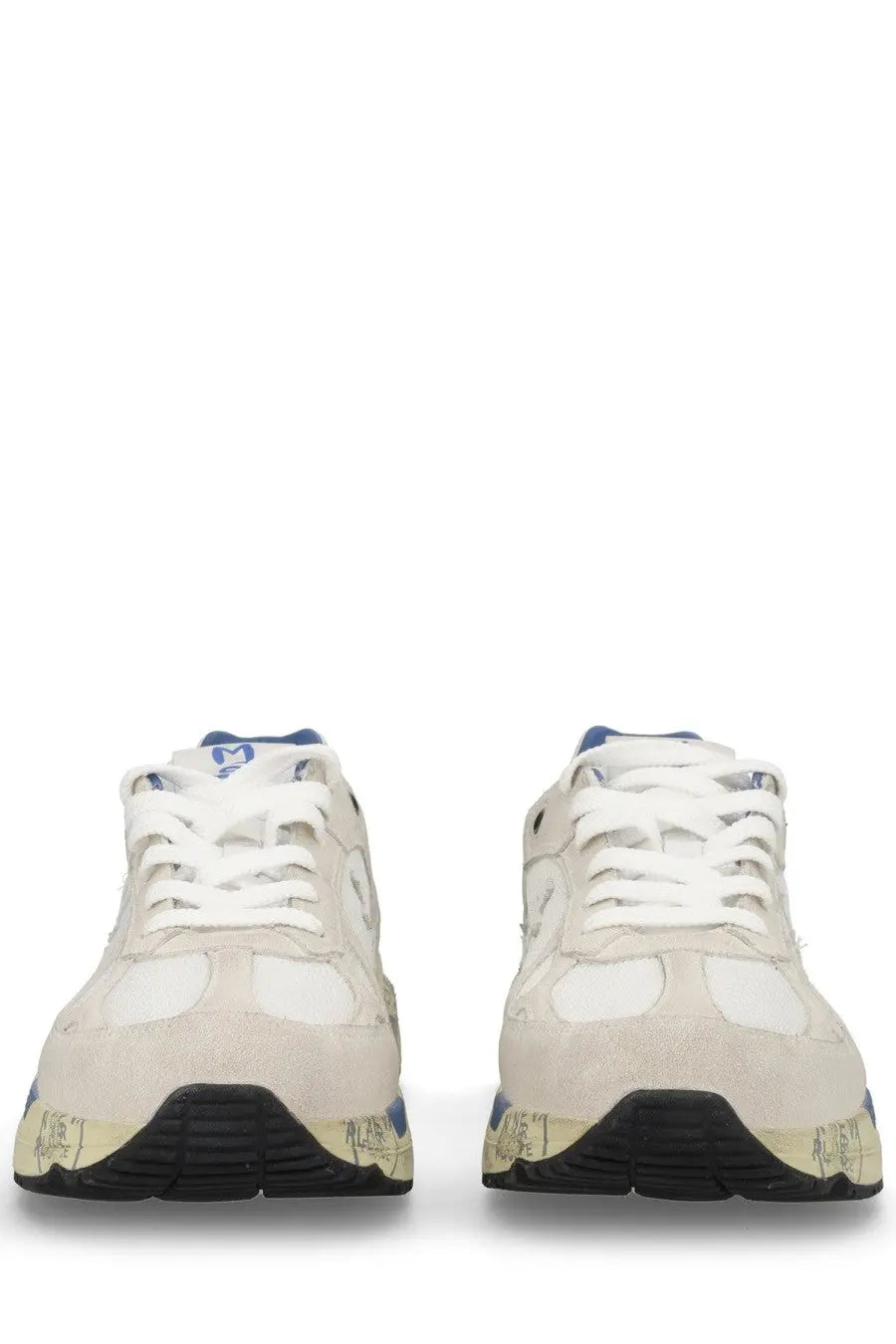 Premiata men’s sneaker mase white featuring white and blue suede with black rubber soles and subtle branding details