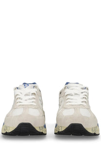 Premiata men’s sneaker mase white featuring white and blue suede with black rubber soles and subtle branding details