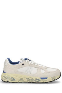 Premiata men’s sneaker mase white cream-colored with blue accents and chunky sole featuring graffiti-style text design