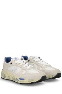 Premiata men’s sneaker mase white with cream suede and mesh, blue accents, and vintage graffiti style sole design