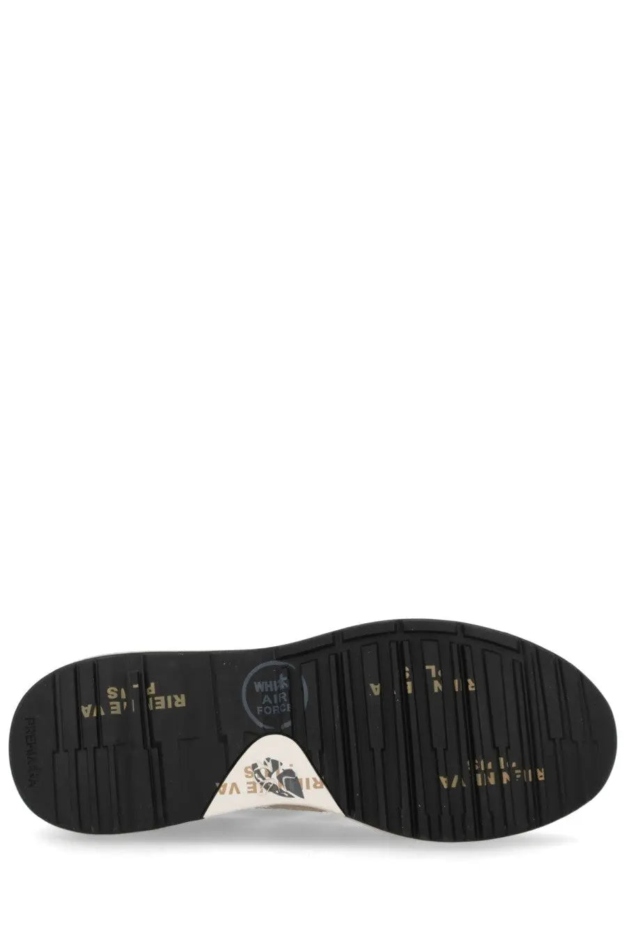 Black rubber sole with textured tread and gold lettering and white triangular logo patch on premiata men’s sneaker mick beige
