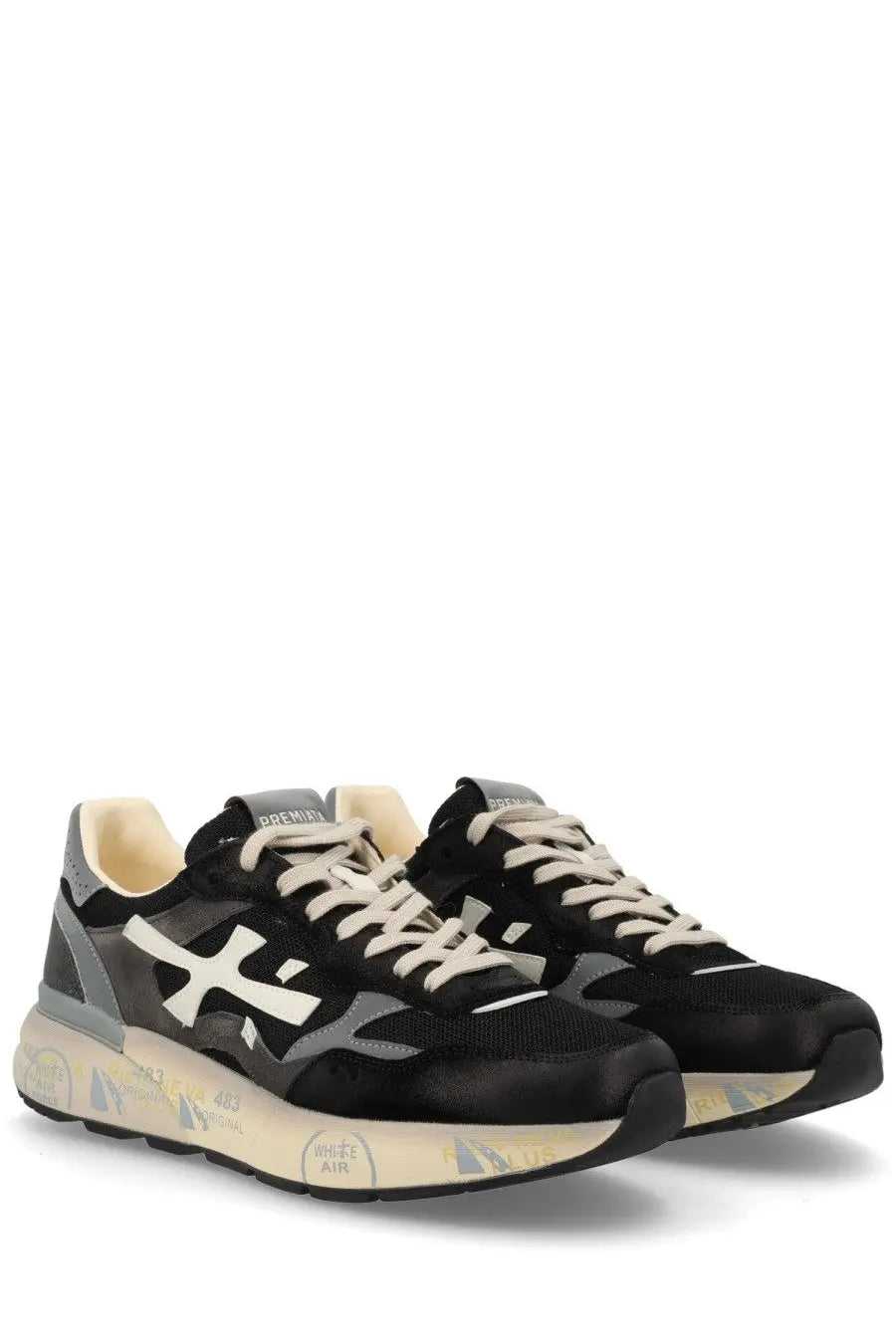 Premiata men’s sneaker Mick black in black and gray with cream laces white logo and textured rubber sole