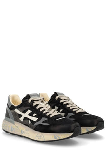 Premiata men’s sneaker Mick black in black and gray with cream laces white logo and textured rubber sole