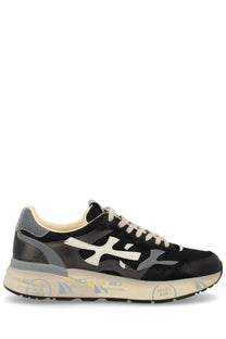 Premiata men’s sneaker mick black with black and gray textured upper white logo accents and cream rubber sole
