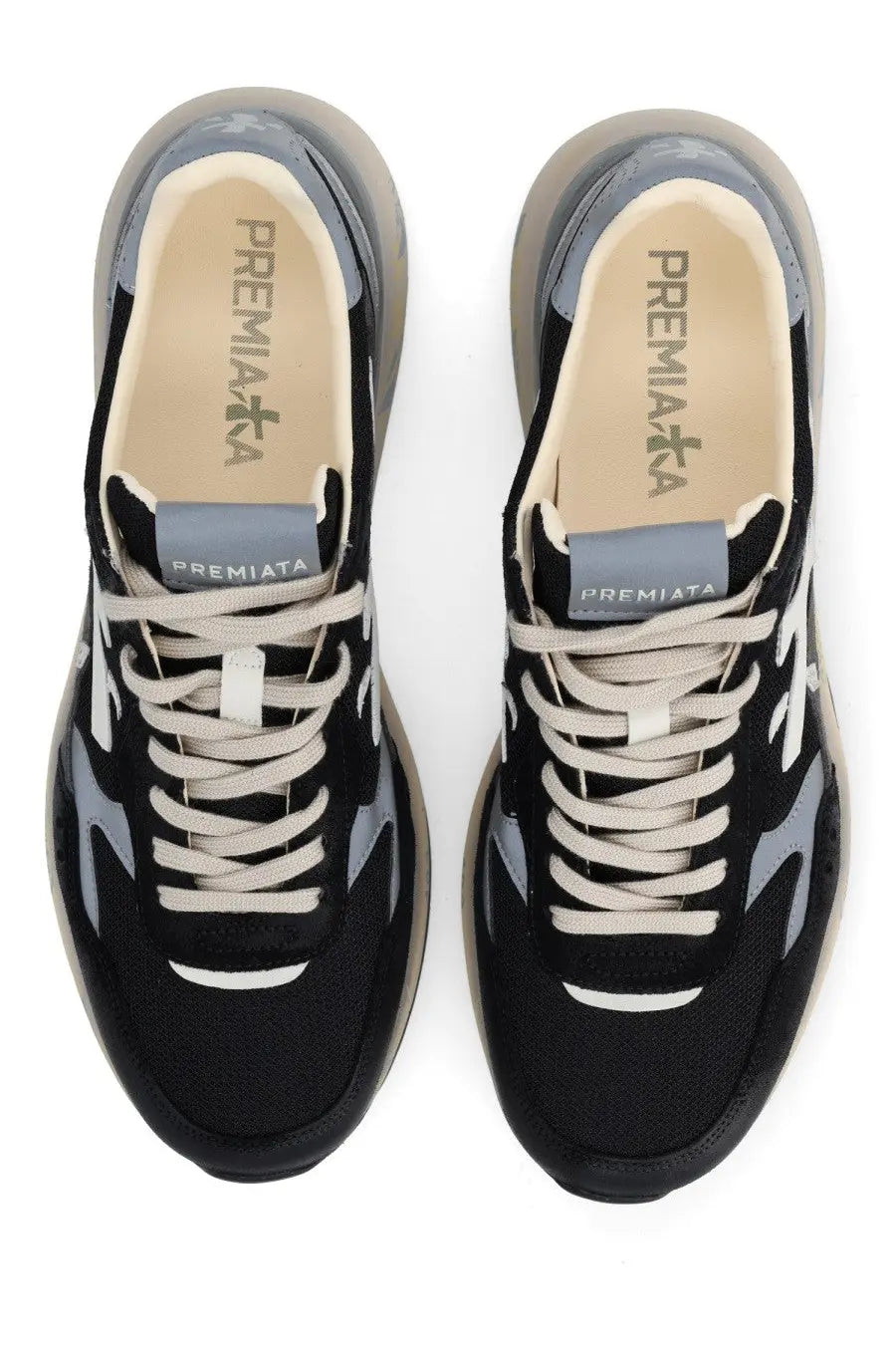 Premiata men’s sneaker Mick black with black and gray suede and mesh upper chunky sole and white laces