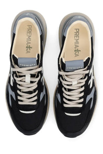 Premiata men’s sneaker Mick black with black and gray suede and mesh upper chunky sole and white laces