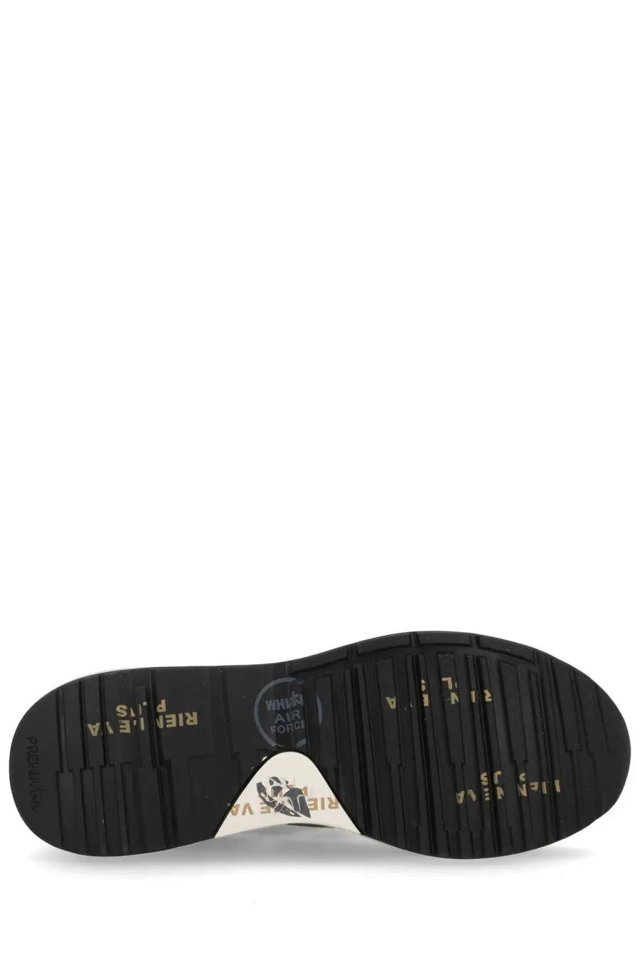 Black rubber sole with gold lettering and white triangular logo patch of premiata men’s sneaker mick black back side