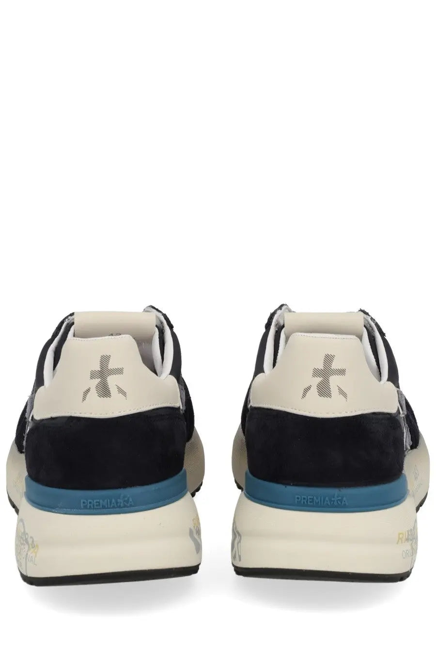 Back view of premia ta men’s sneaker mick blue in black and cream suede with bold blue midsole and premiata logo on heel