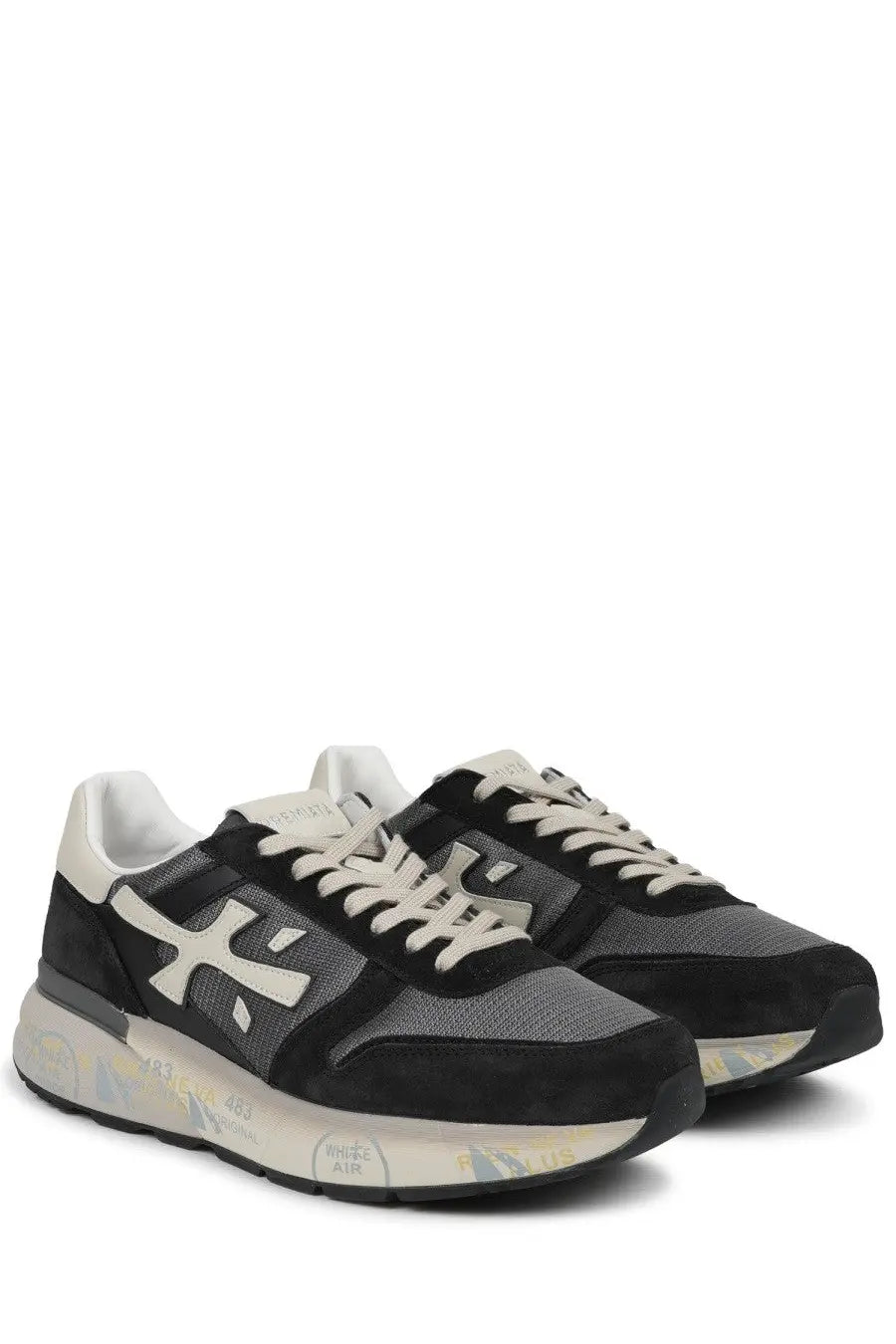 Premiata men’s sneaker mick blue in black and gray suede and mesh with white logo and chunky rubber sole