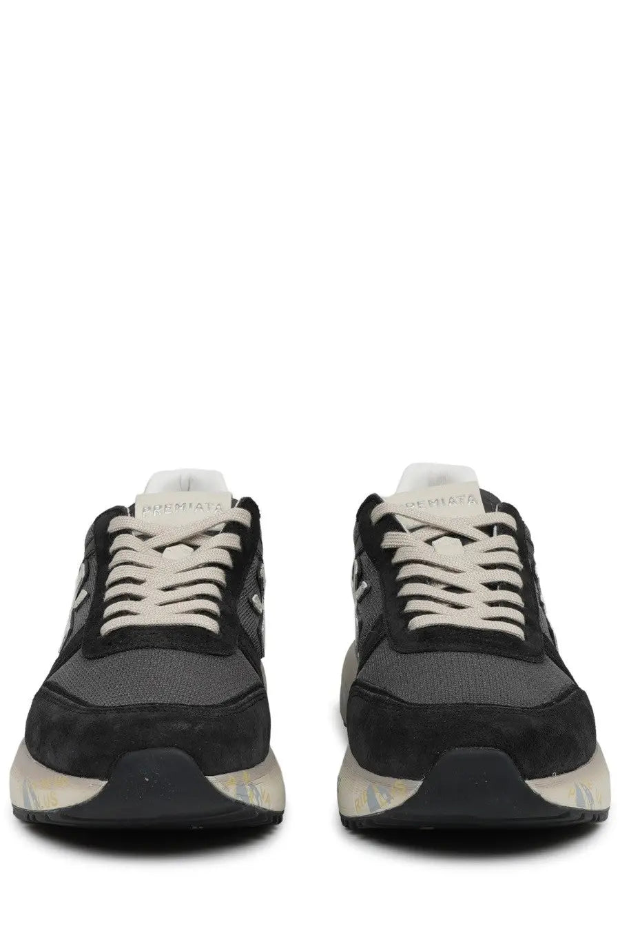 Premiata men’s sneaker mick blue in black and gray suede and mesh with white laces and a translucent sole