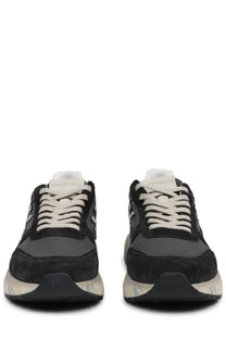 Premiata men’s sneaker mick blue in black and gray suede and mesh with white laces and a translucent sole