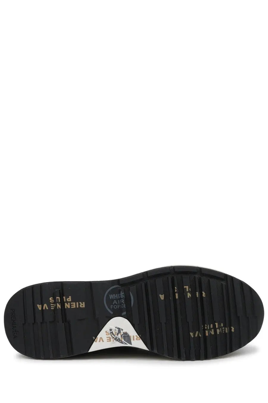 Black rubber sole with gold lettering and white triangular logo patch on back of premiata men’s sneaker mick blue