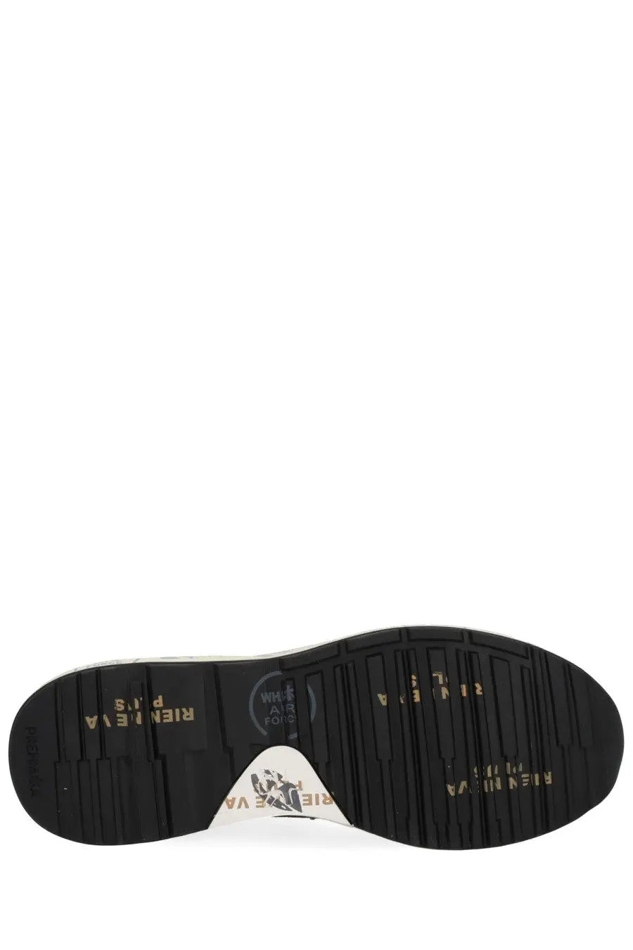 Black rubber sole with gold lettering and white triangular logo patch on premia ta men’s sneaker mick blue back view