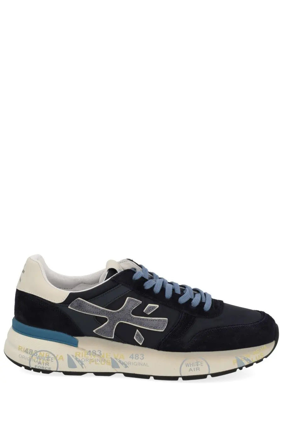 Premiata men’s sneaker Mick blue black suede and canvas with gray logo blue laces and white rubber sole 483 branding