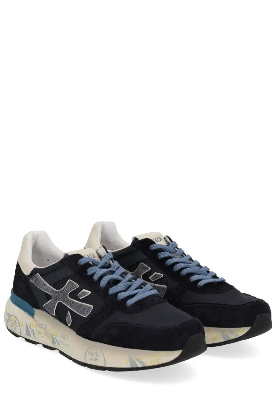Premiata men’s sneaker Mick blue in black suede and mesh with light blue laces and white graffiti sole
