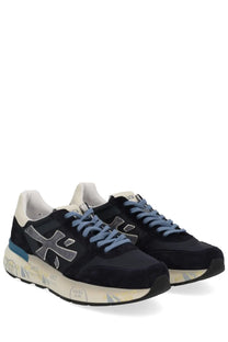 Premiata men’s sneaker Mick blue in black suede and mesh with light blue laces and white graffiti sole