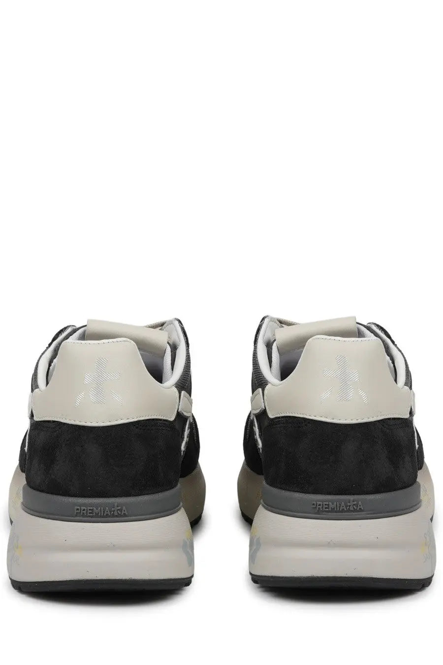 Premiata men’s sneaker mick blue in black and off-white with chunky sole suede upper and subtle heel branding back view