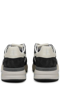 Premiata men’s sneaker mick blue in black and off-white with chunky sole suede upper and subtle heel branding back view