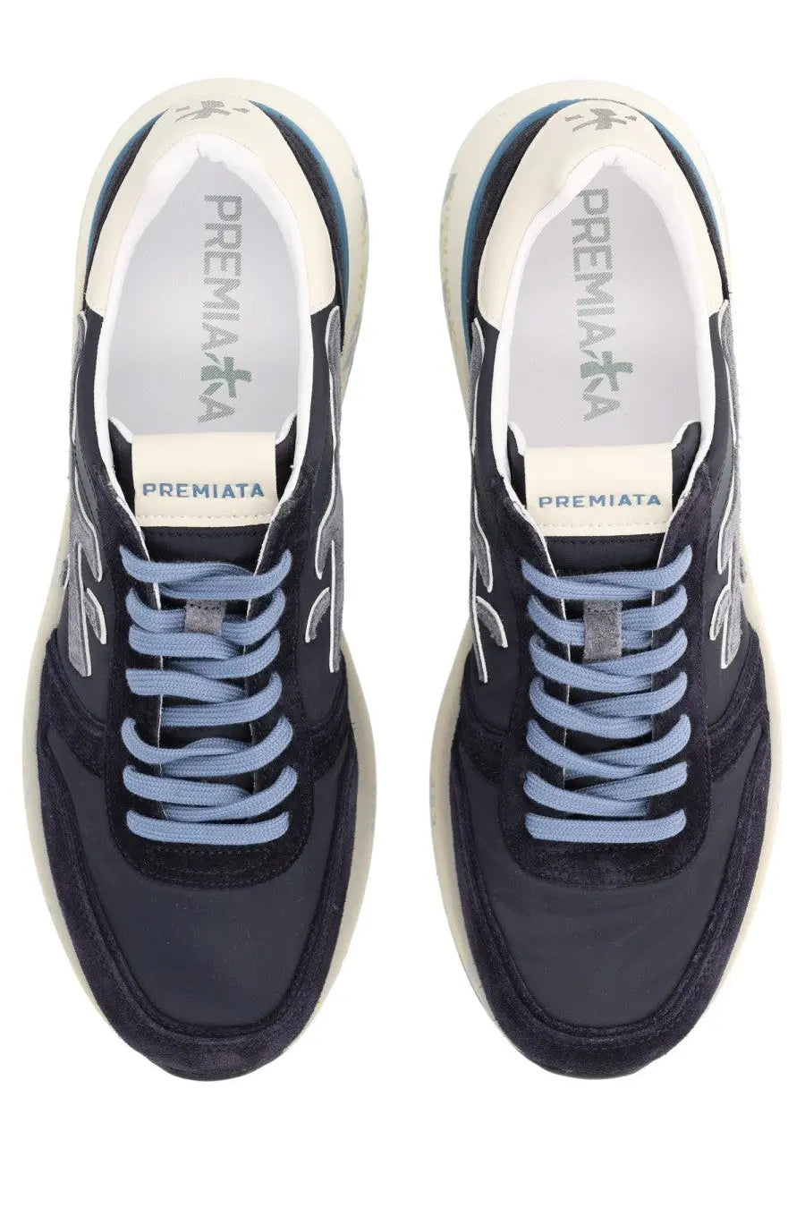 Premiata men’s sneaker mick blue with dark navy suede mesh upper light blue laces white rubber sole and branding on tongue
