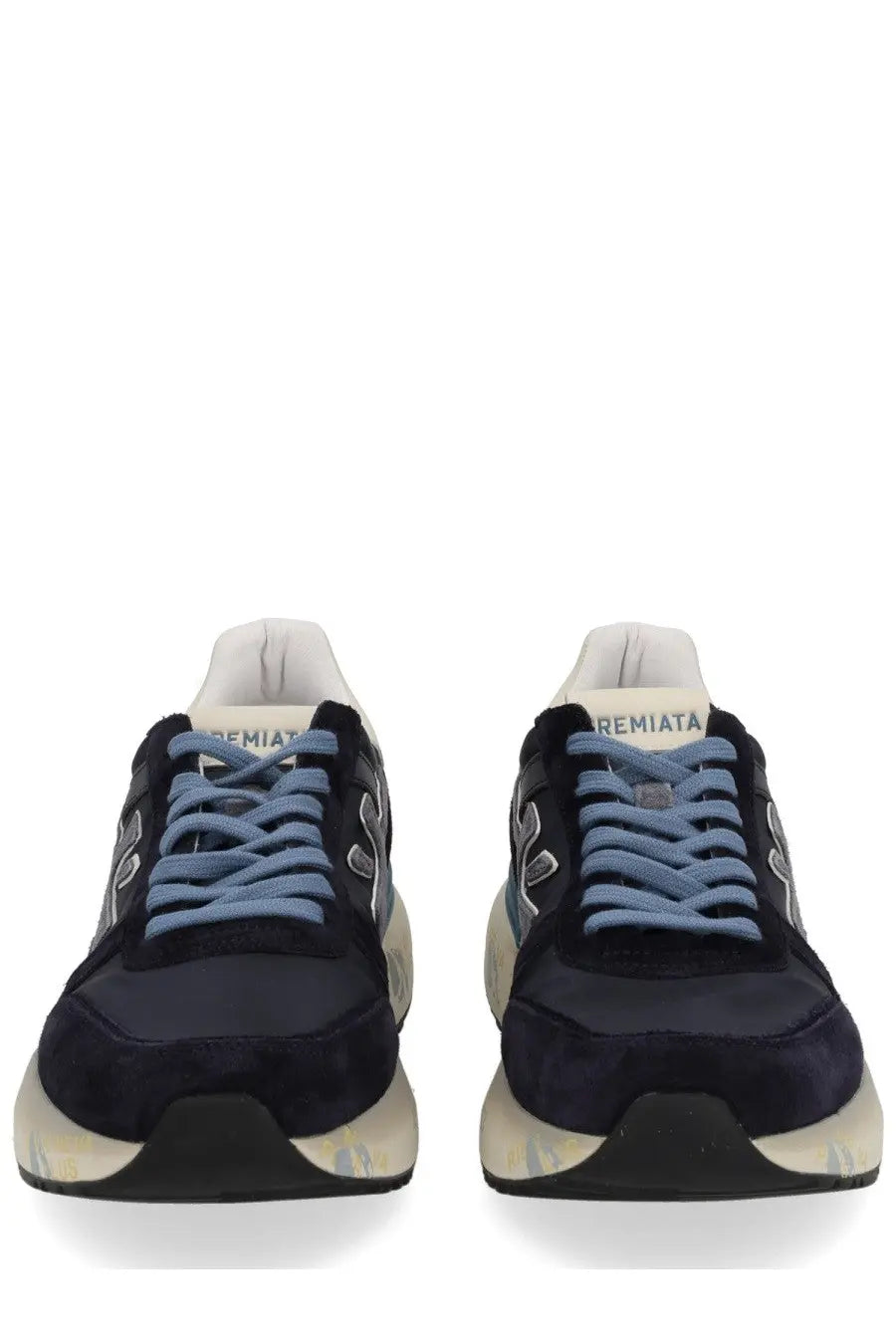 Premiata men’s sneaker Mick blue in navy blue suede and mesh with light blue laces and cream textured rubber sole
