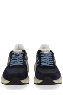 Premiata men’s sneaker Mick blue in navy blue suede and mesh with light blue laces and cream textured rubber sole