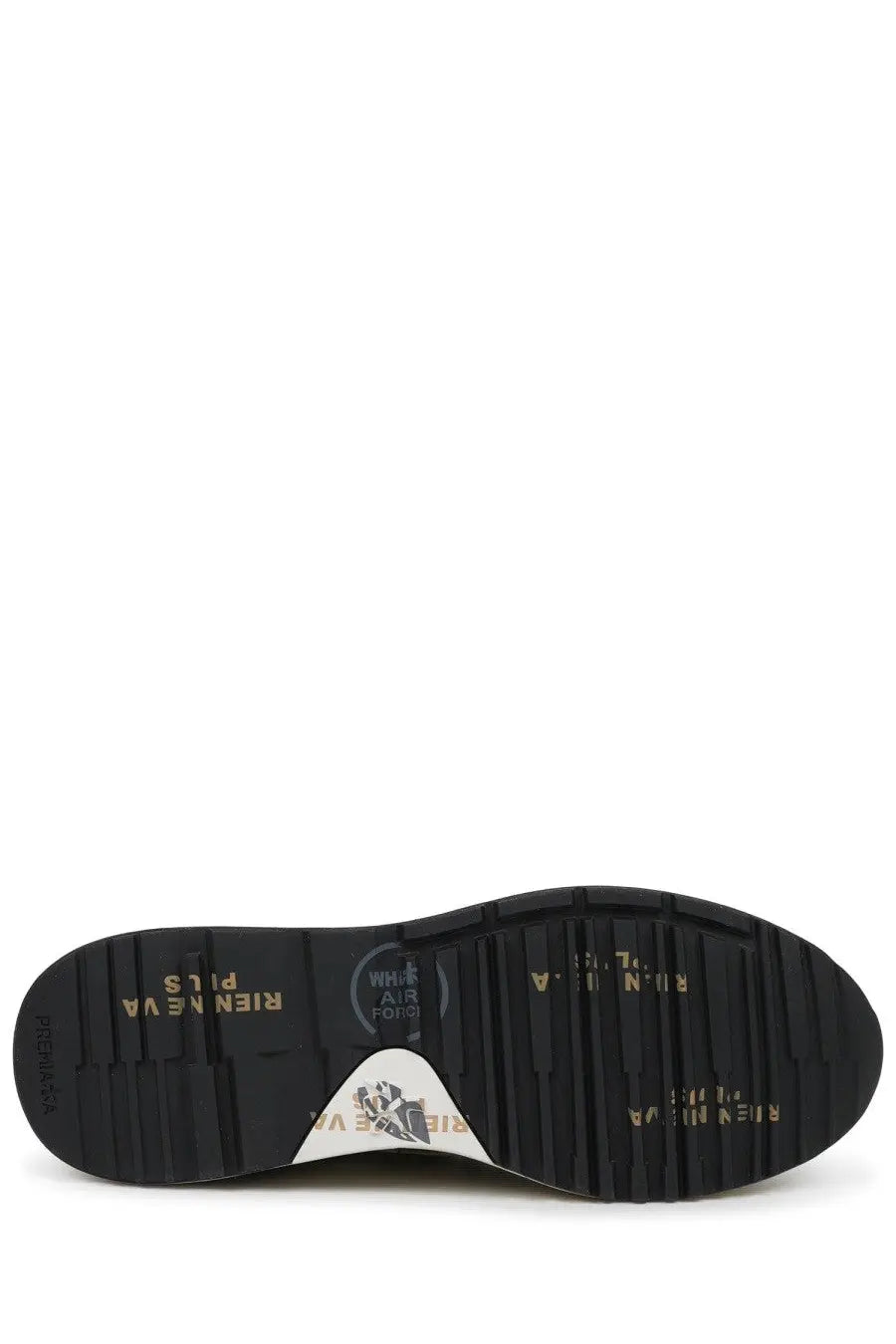 Black rubber sole with gold lettering and white triangular logo patch on the back of premiata men’s sneaker mick green