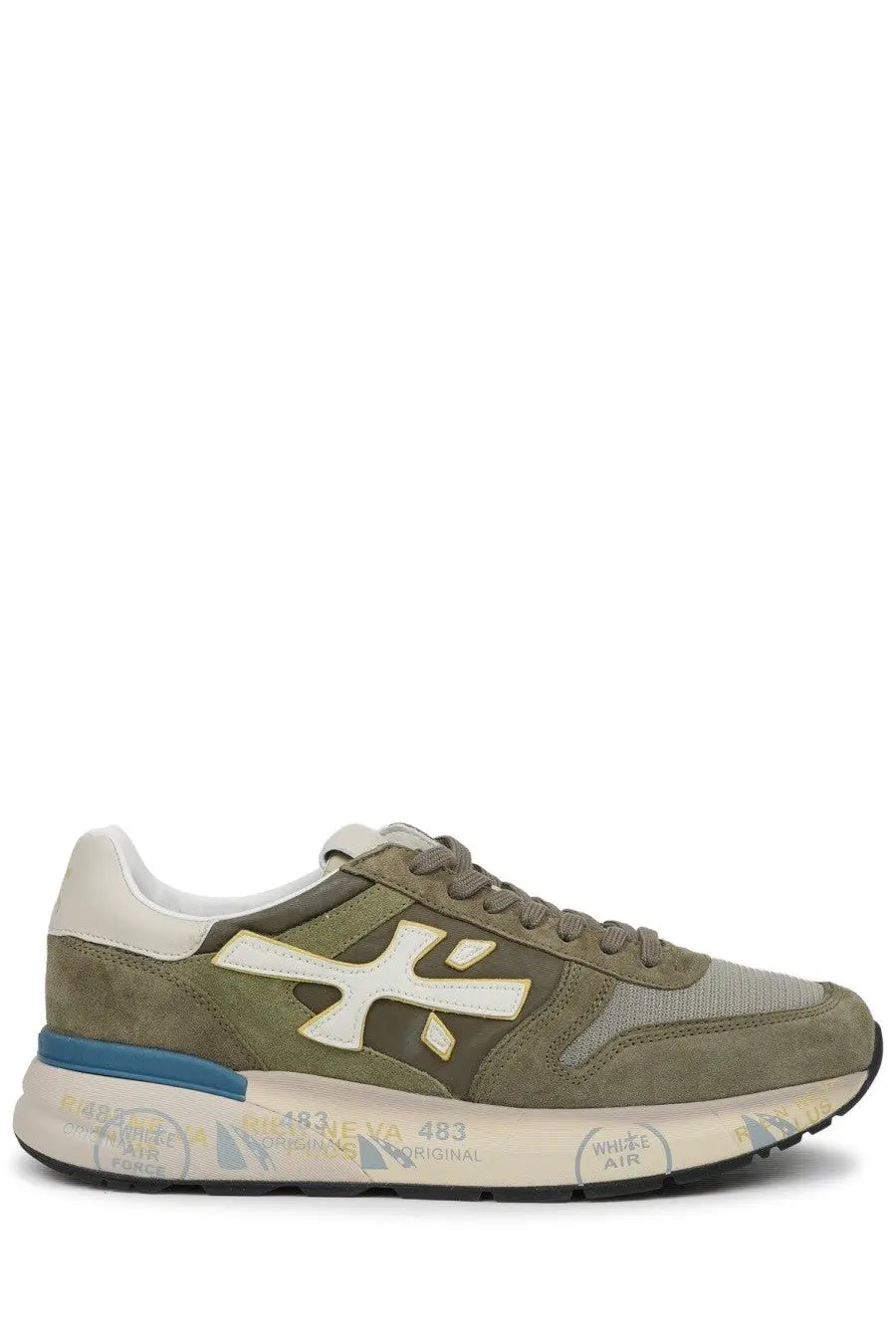 Premiata men’s sneaker mick green olive green suede and mesh sneaker with white logo and blue midsole stripe vintage detailing
