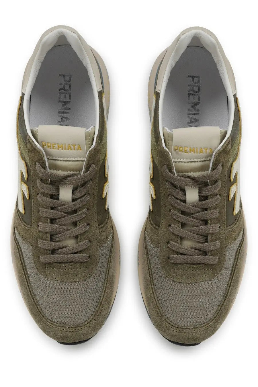 Premiata men’s sneaker mick green olive green suede and mesh sneakers with beige accents and gold branding