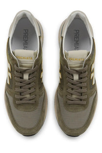 Premiata men’s sneaker mick green olive green suede and mesh sneakers with beige accents and gold branding