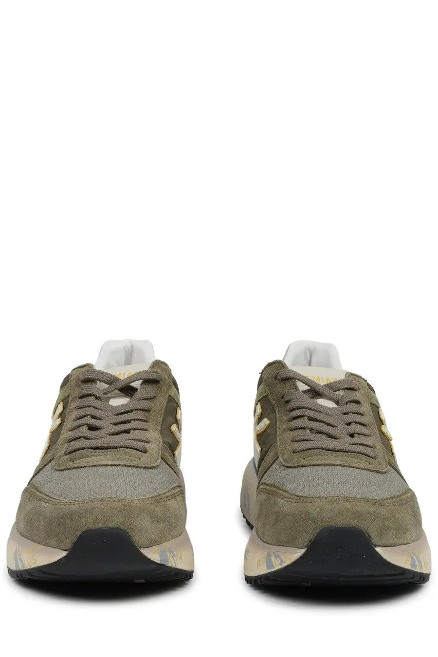 Premiata men’s sneaker Mick green olive green suede and mesh sneakers with gold tone branding accents