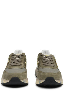 Premiata men’s sneaker Mick green olive green suede and mesh sneakers with gold tone branding accents