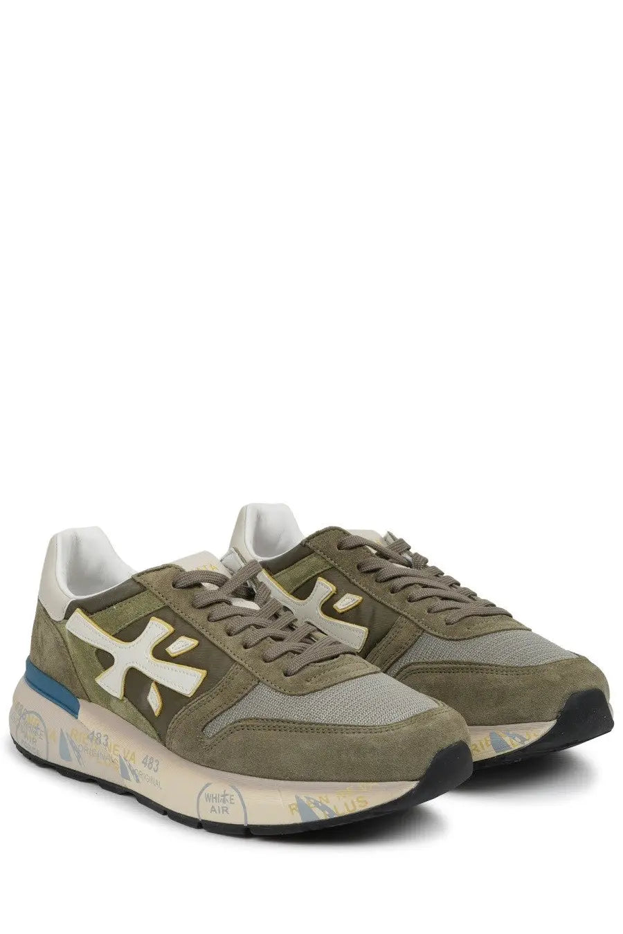 Premiata men’s sneaker mick green olive green suede and mesh with white logo blue heel accent and graffiti sole detailing